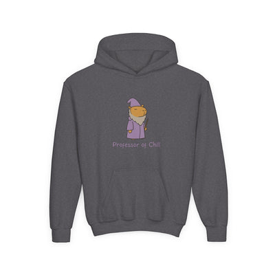 Capy Life kids hoodie in dark grey featuring a wizard capybara graphic with the text Professor of Chill