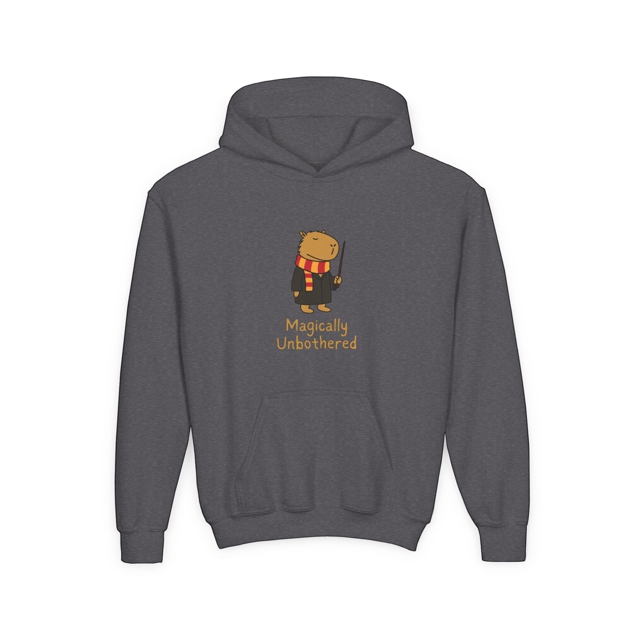 Capy Life kids hoodie in dark grey featuring a cute capybara wizard wearing a scarf and robe with a magic wand