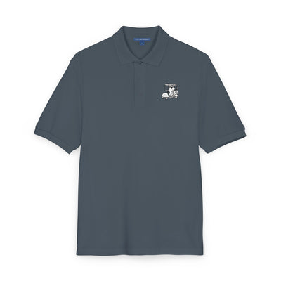 Capy Life dark grey golf polo shirt featuring a small embroidered capybara driving a golf cart on the left chest.