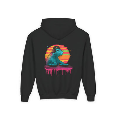 Capy Life black kids hoodie featuring a colorful DJ capybara graphic with headphones on the back.