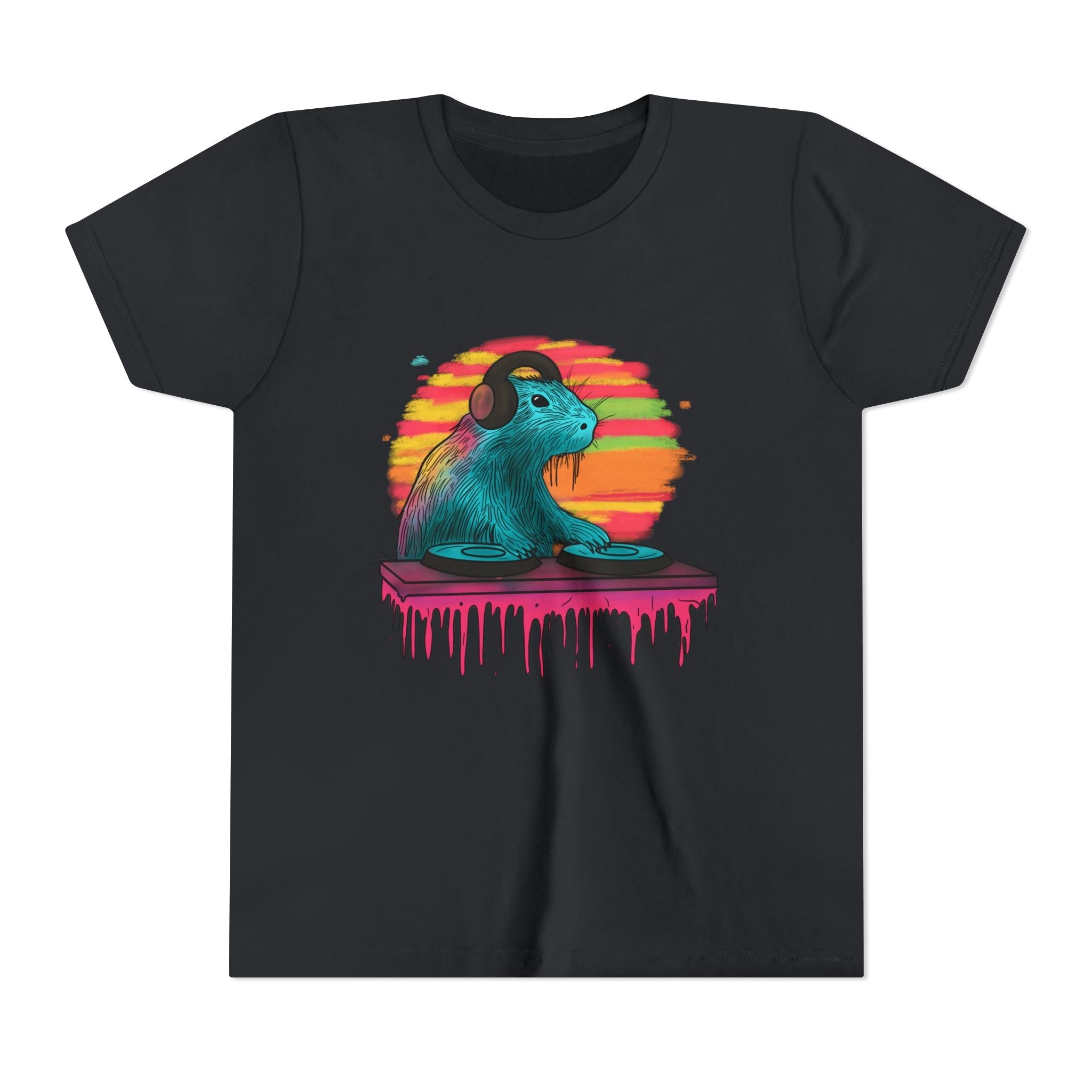 Capy Life black youth t-shirt featuring a colorful graphic of a DJ capybara with headphones at a turntable.