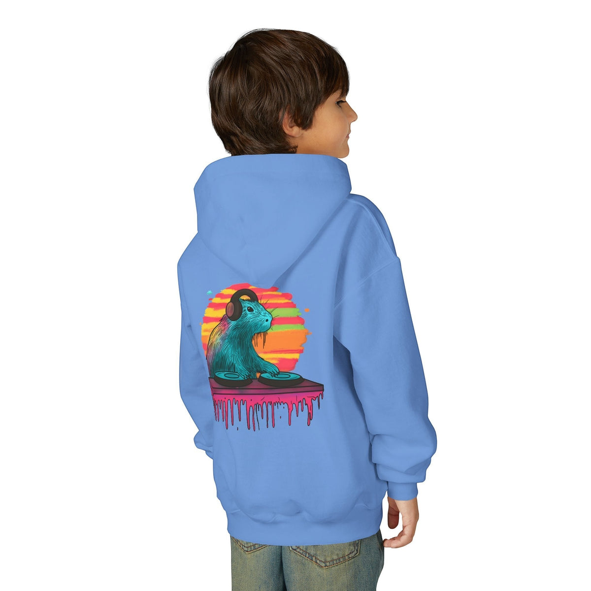 Capy Life kids hoodie in light blue featuring a back print of a DJ capybara with headphones on a sunset background