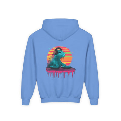 Capy Life kids hoodie in light blue featuring a graphic of a DJ capybara with headphones on a sunset background