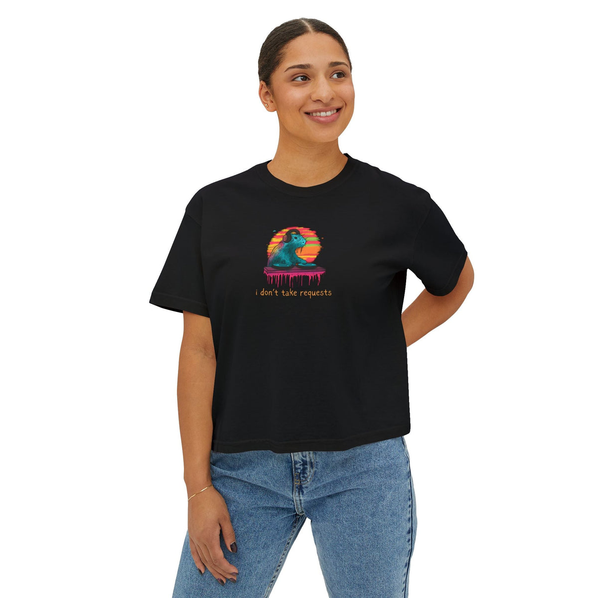 Capy Life women's black boxy t-shirt featuring a retro DJ capybara graphic with the text I don't take requests