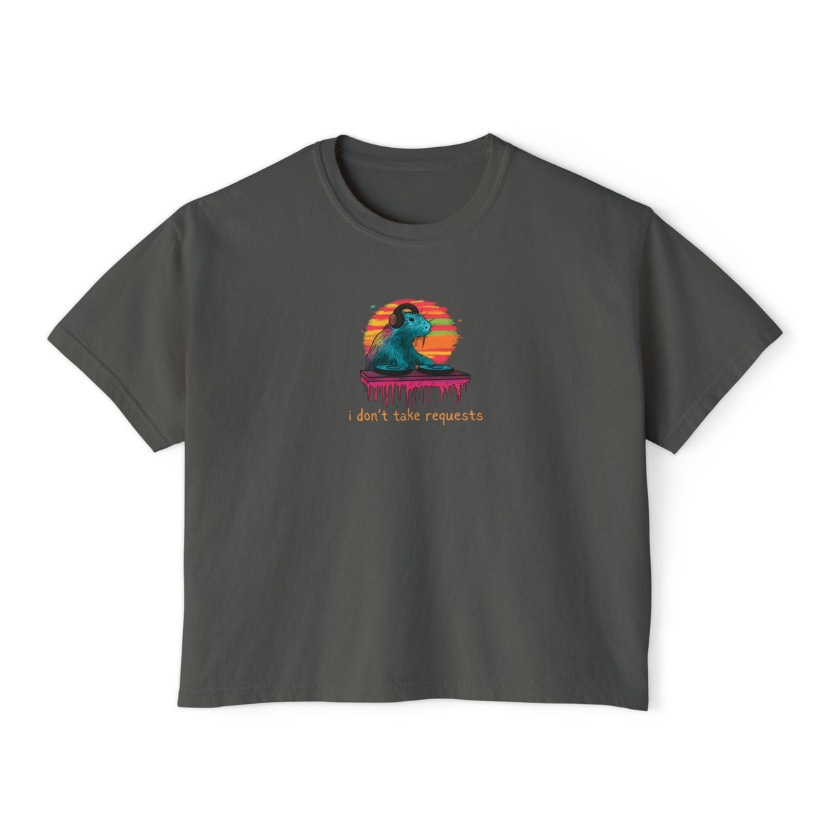 Capy Life women's charcoal grey boxy t-shirt featuring a retro DJ capybara graphic with the text I don't take requests