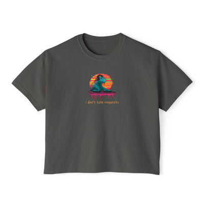 Capy Life women's charcoal grey boxy t-shirt featuring a retro DJ capybara graphic with the text I don't take requests