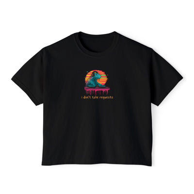 Capy Life women's black boxy t-shirt featuring a retro DJ capybara graphic with the text I don't take requests.