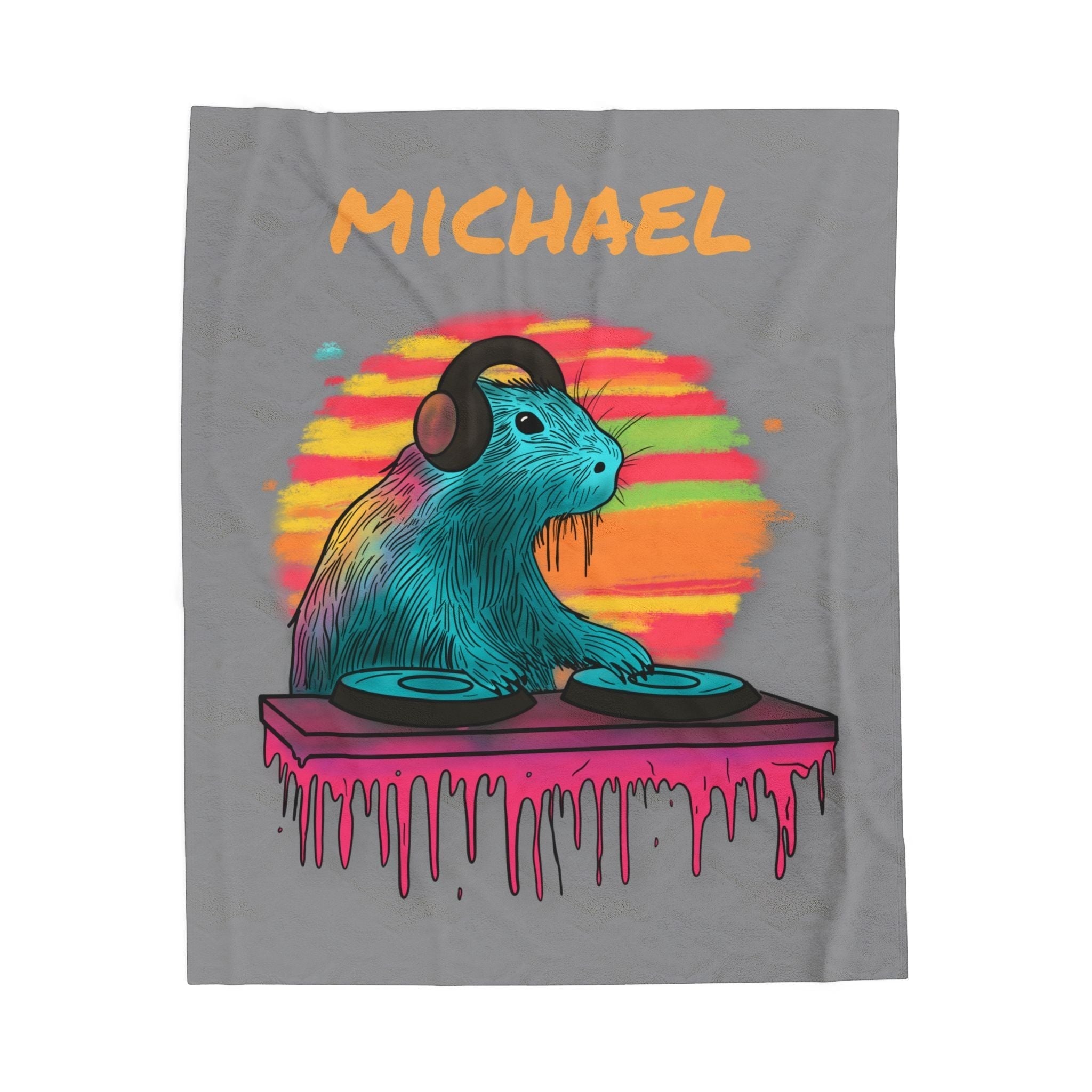 Capy Life DJ Capybara fleece blanket featuring a colorful capybara DJ with headphones on a grey velveteen background.