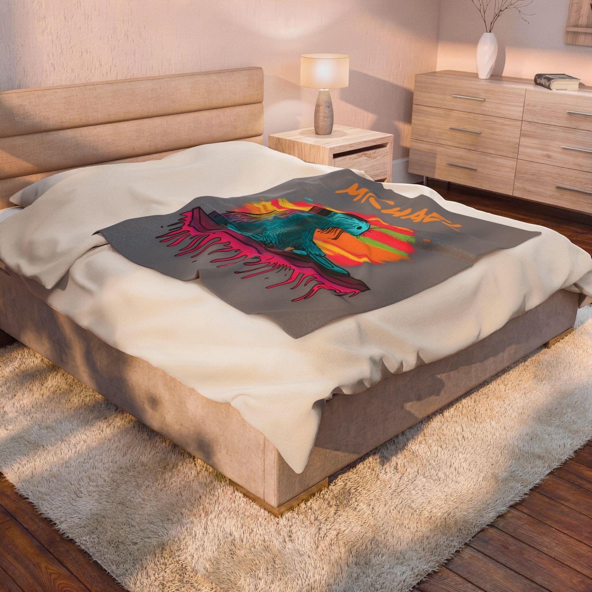 Capy Life DJ Capybara fleece blanket with vibrant music-themed print draped on a modern bedroom bed.