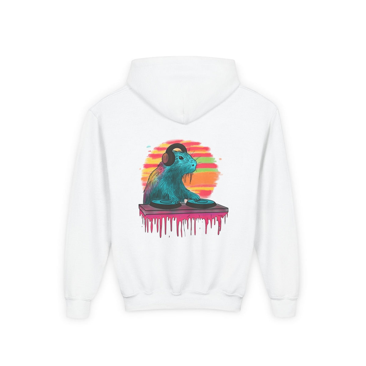 Capy Life kids white hoodie featuring a colorful DJ capybara graphic on the back with headphones and turntables