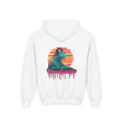 Capy Life kids white hoodie featuring a colorful DJ capybara graphic on the back with headphones and turntables