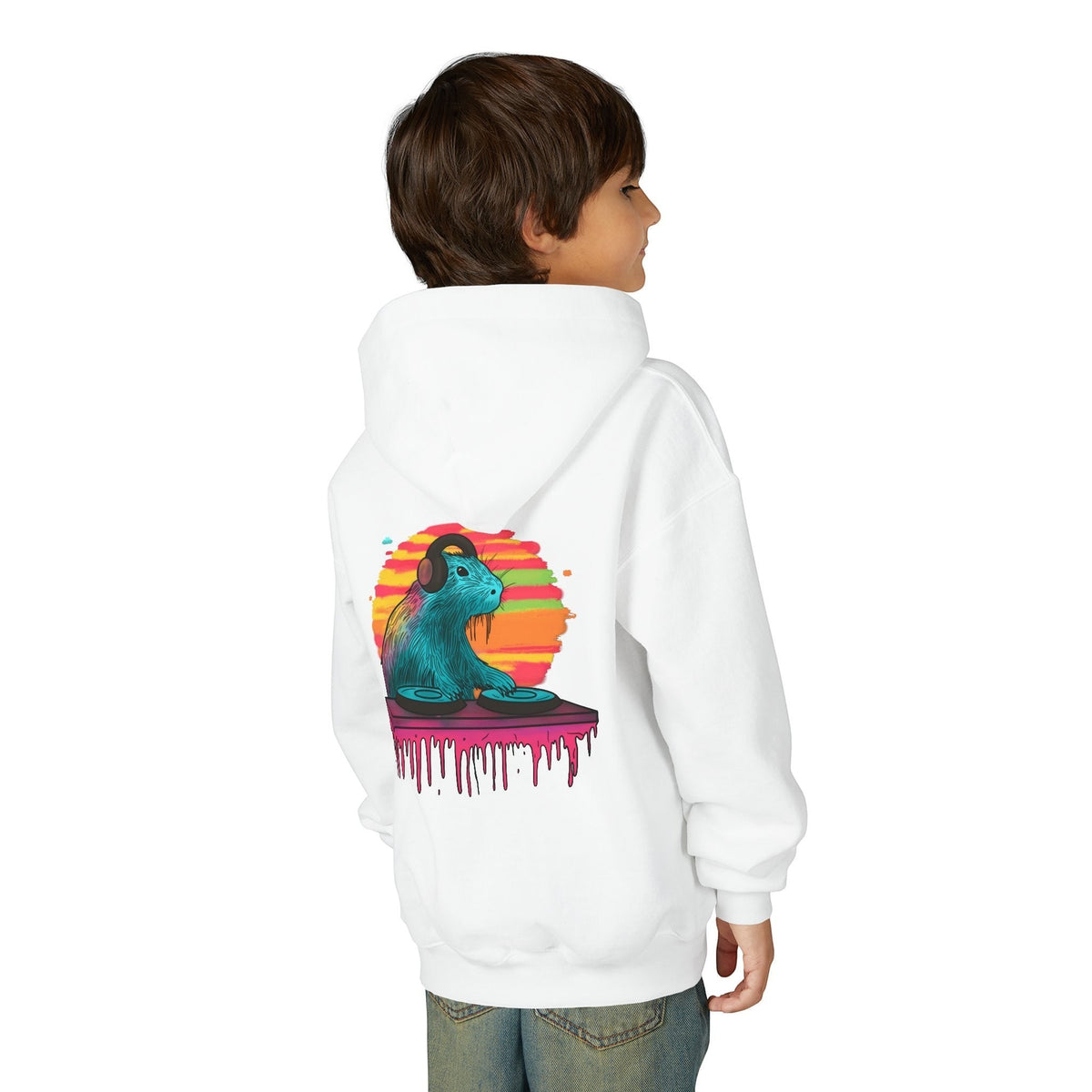 Capy Life kids white hoodie featuring a colorful DJ capybara graphic on the back, worn by a child from behind.