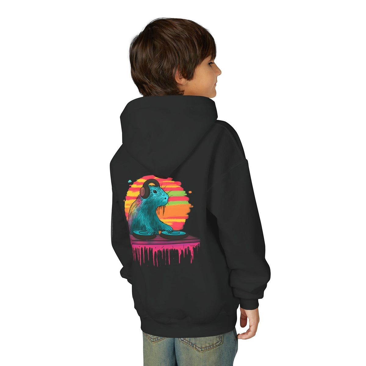 Capy Life kids black hoodie featuring a colorful DJ capybara graphic on the back, worn by a child from behind.