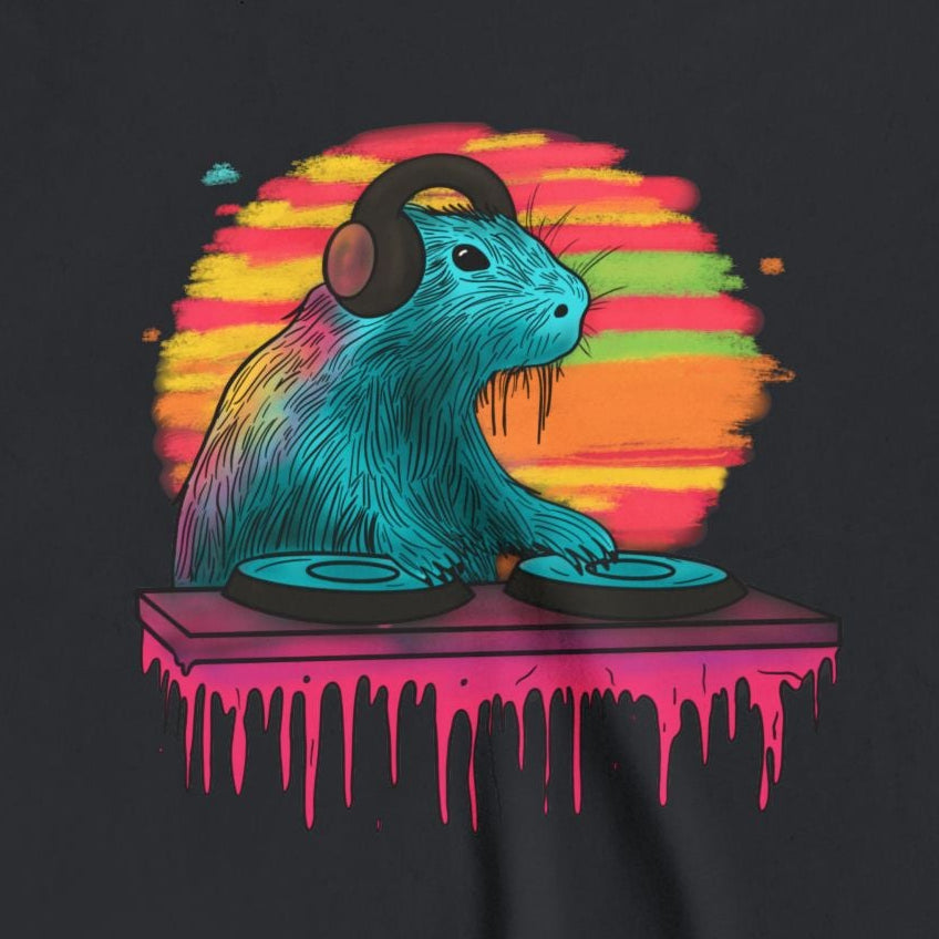 Capy Life youth t-shirt featuring a vibrant DJ capybara graphic with headphones and turntables against a sunset background.