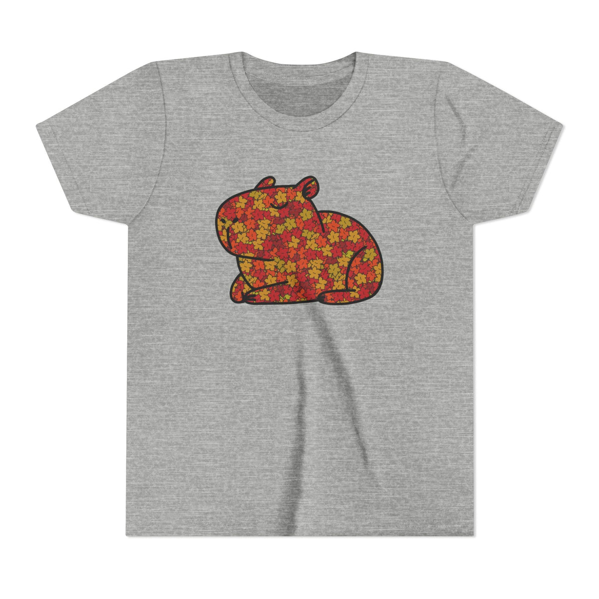 Capy Life youth t-shirt in heather grey featuring a capybara graphic filled with red, orange, and gold autumn leaves.