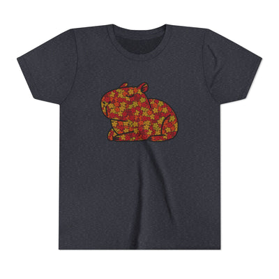 Capy Life youth t-shirt in charcoal grey featuring a capybara graphic filled with red, orange, and gold autumn leaves.