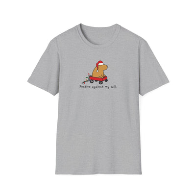 Capy Life grey softstyle t-shirt featuring a capybara in a Santa hat and red wagon with Festive against my will text