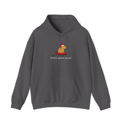 Capy Life dark grey hoodie featuring a capybara in a red wagon with a Santa hat and the text Festive against my will