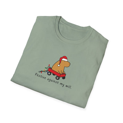 Capy Life softstyle t-shirt in sage green featuring a capybara in a red wagon with a Santa hat and Christmas lights.