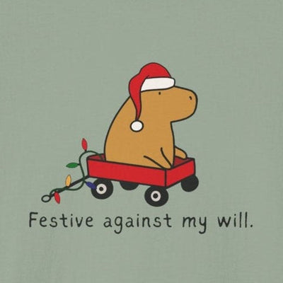 Capy Life softstyle tee featuring a capybara in a Santa hat and red wagon with Christmas lights and festive text.