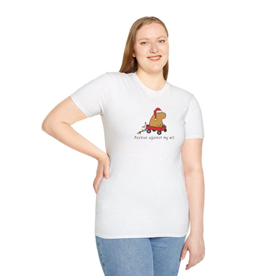 Capy Life softstyle white t-shirt featuring a capybara in a Santa hat and red wagon with the text Festive against my will