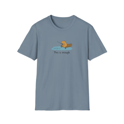 Capy Life blue softstyle t-shirt featuring a hand-drawn capybara fishing on a dock with the text This is enough.