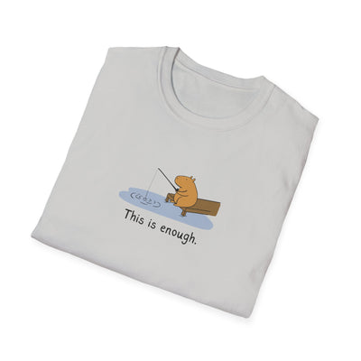 Capy Life softstyle t-shirt featuring a hand-drawn capybara fishing on a dock with the text This is enough.