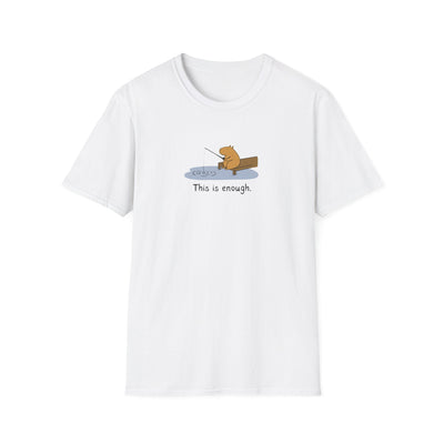 Capy Life white softstyle t-shirt featuring a hand-drawn graphic of Gene the capybara fishing with the text This is enough