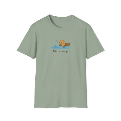 Capy Life softstyle sage green t-shirt featuring a hand-drawn capybara fishing on a dock with This is enough text.