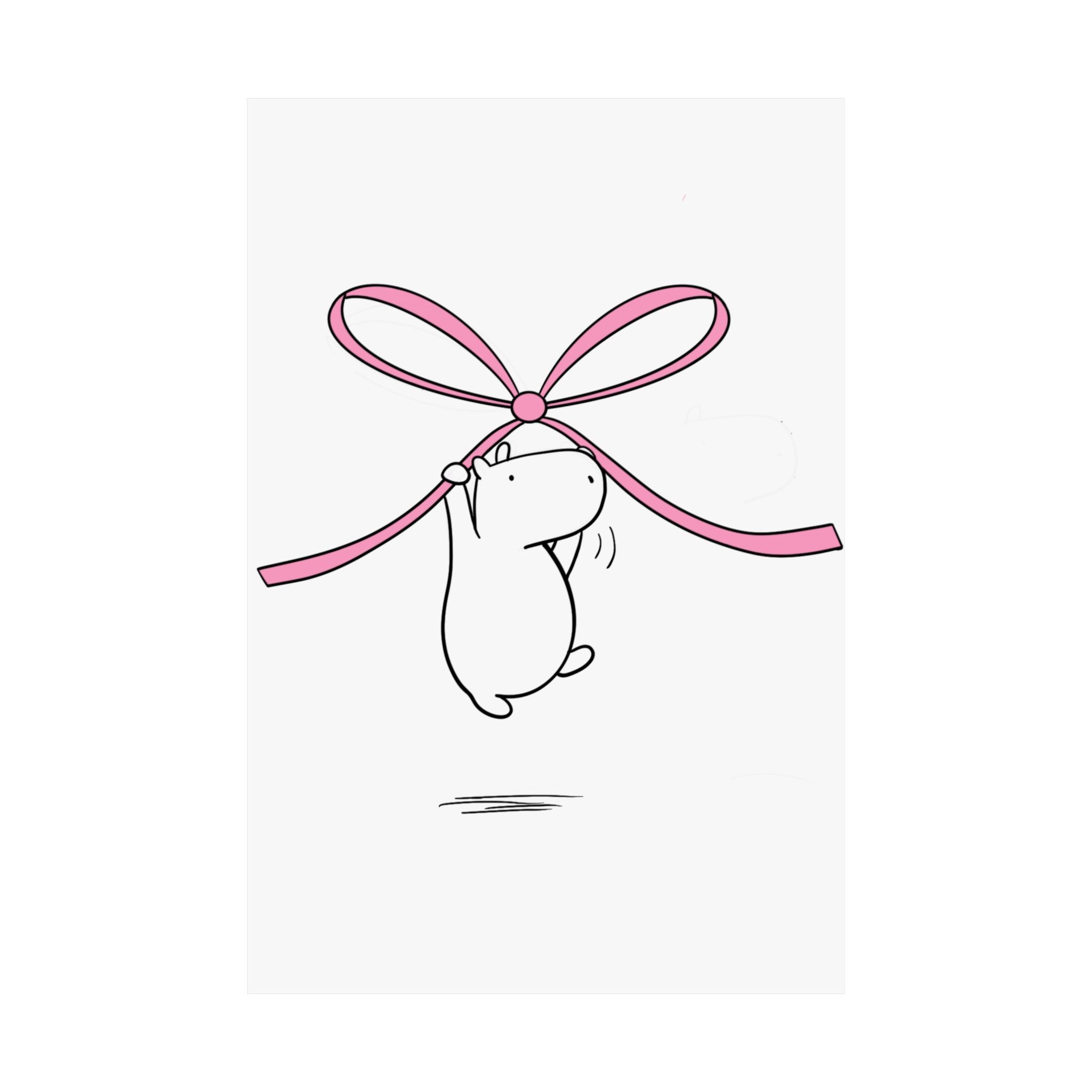 Capy Life minimalist wall art print featuring a cute white capybara floating while holding a soft pink bow.