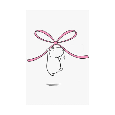 Capy Life minimalist wall art print featuring a cute white capybara floating while holding a soft pink bow.