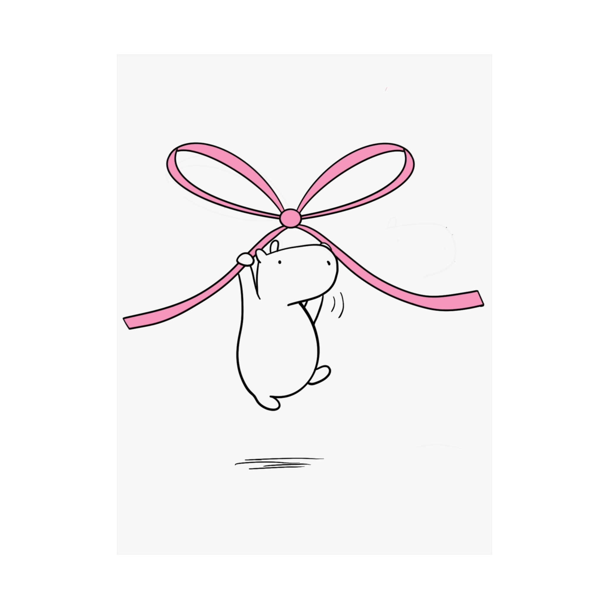 Capy Life minimalist wall art print featuring a cute white capybara floating while holding a soft pink bow