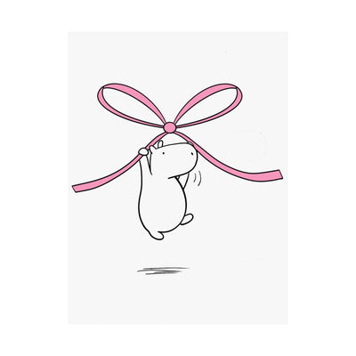 Capy Life minimalist wall art print featuring a cute white capybara floating while holding a soft pink bow