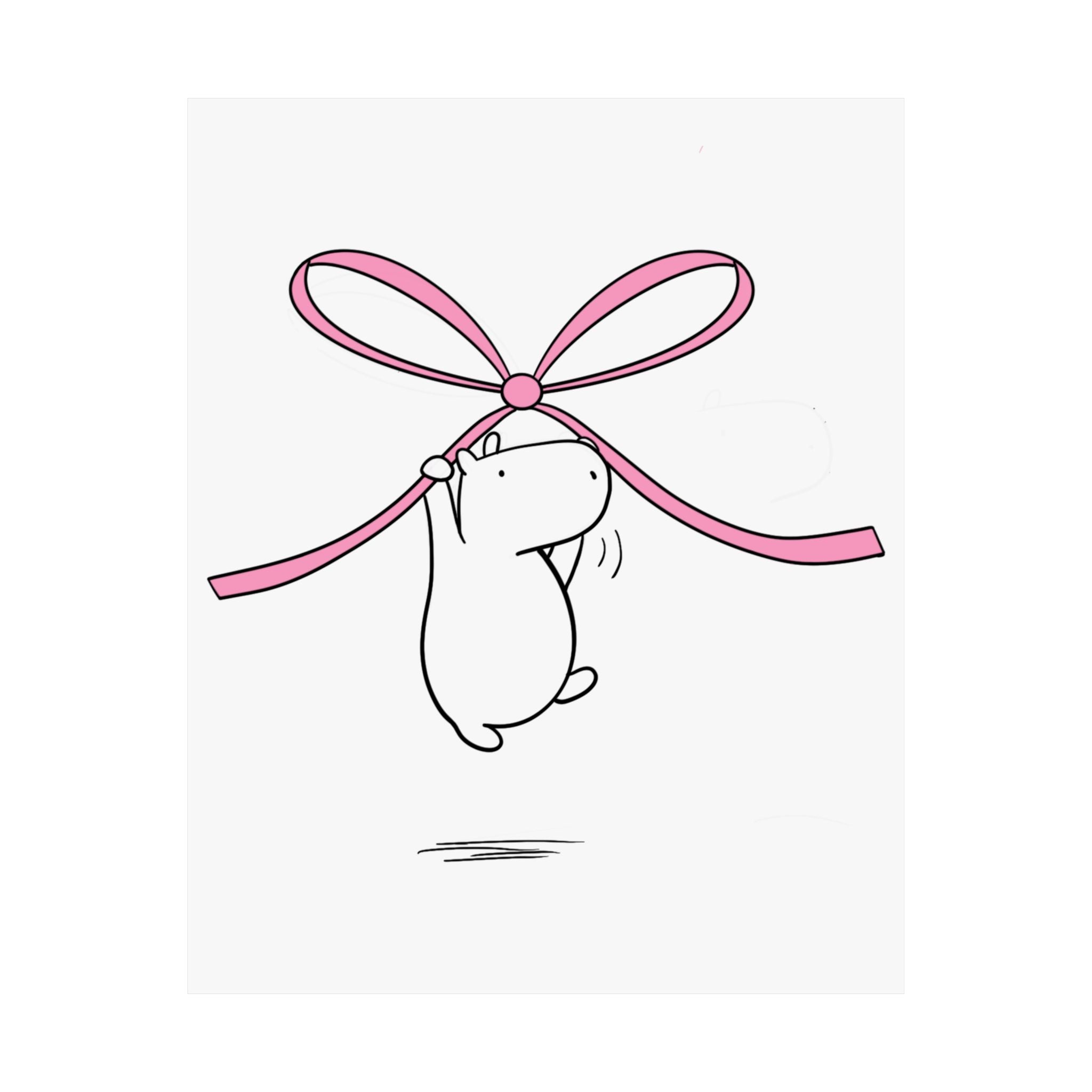 Capy Life minimalist nursery wall art print featuring a cute capybara floating while holding a soft pink bow