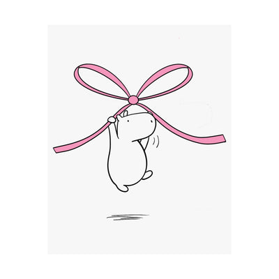 Capy Life minimalist nursery wall art print featuring a cute capybara floating while holding a soft pink bow