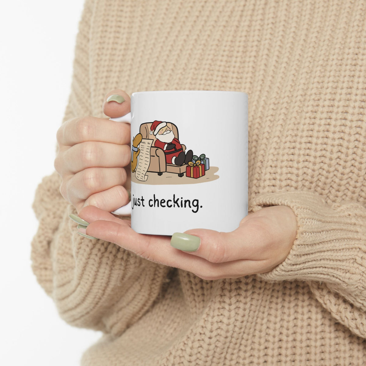 Capy Life white ceramic mug featuring a funny illustration of a capybara checking Santa's naughty or nice list.