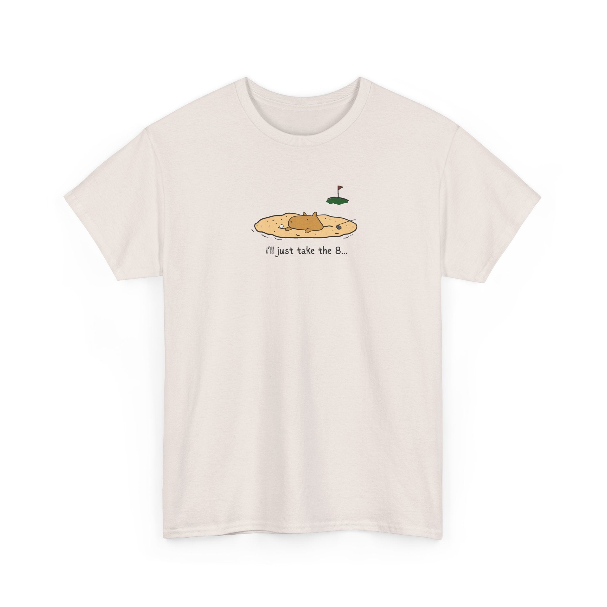 Capy Life cream-colored heavy cotton t-shirt featuring a hand-drawn capybara in a sand trap with golf text.