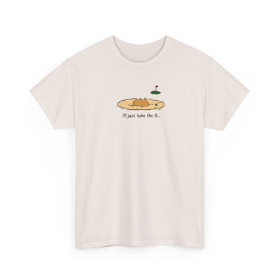 Capy Life cream-colored heavy cotton t-shirt featuring a hand-drawn capybara in a sand trap with golf text.
