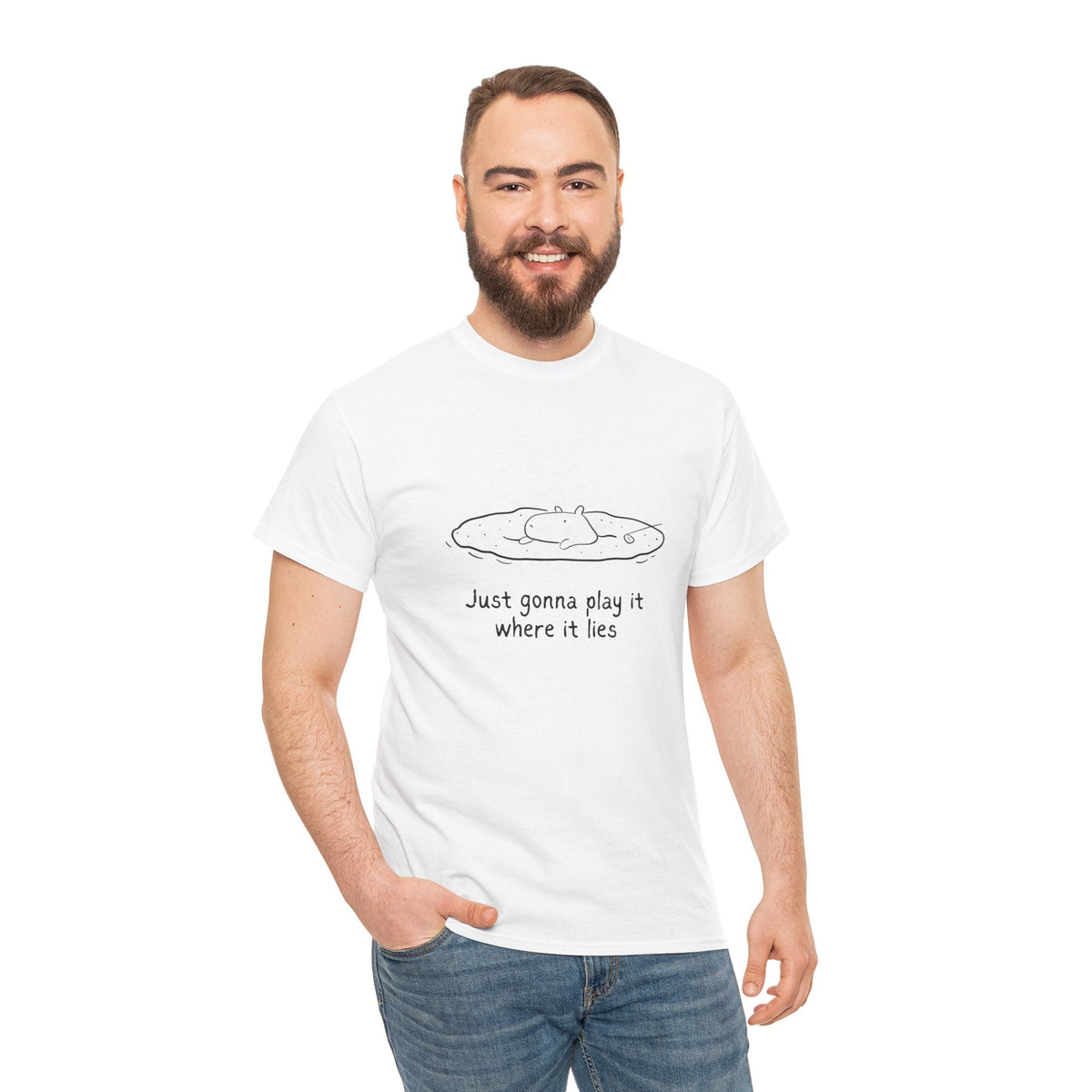 A man wearing a white Capy Life heavy cotton t-shirt featuring a funny capybara golf graphic and text.