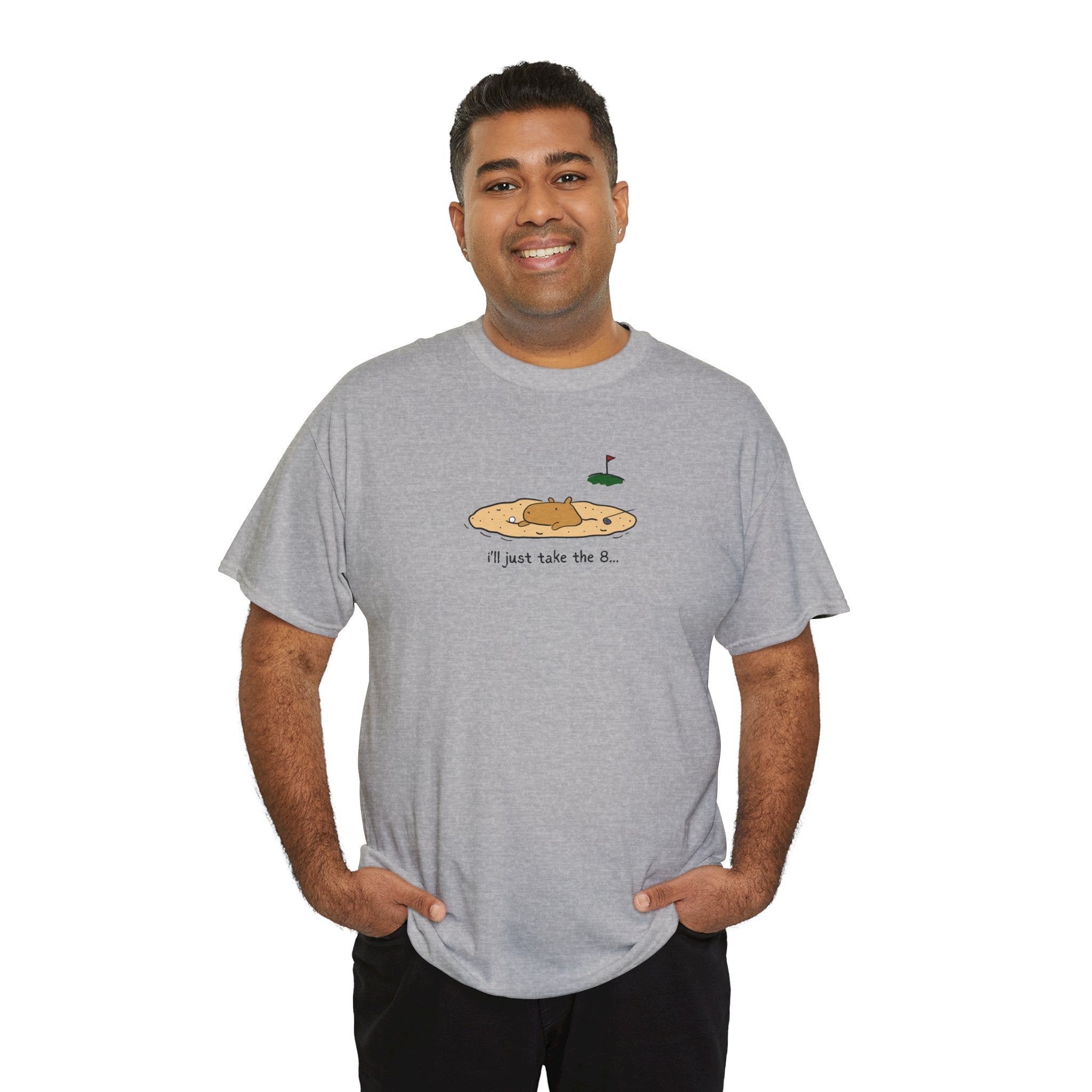 A man wearing a grey Capy Life t-shirt with a graphic of a capybara in a sand trap and the text I'll just take the 8