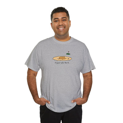 A man wearing a grey Capy Life t-shirt with a graphic of a capybara in a sand trap and the text I'll just take the 8