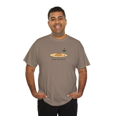 Man wearing a Capy Life brown t-shirt with a funny capybara golf graphic and the text I'll just take the 8.