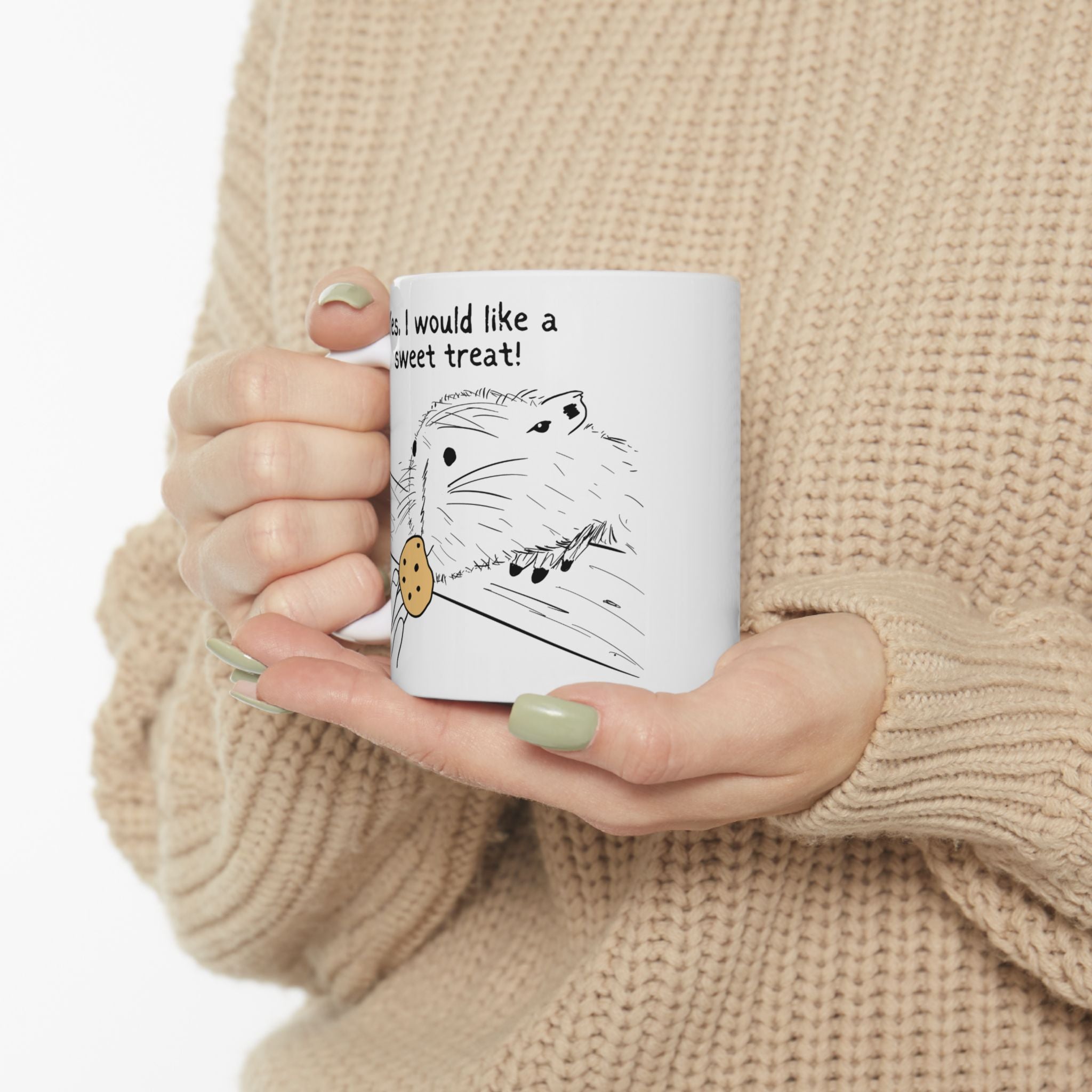 Capy Life ceramic mug featuring a hand-drawn capybara illustration and the text Yes I would like a sweet treat