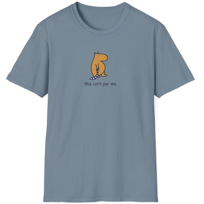 Capy Life heavyweight blue cotton t-shirt featuring a hand-drawn capybara holding a tie with text this isnt for me