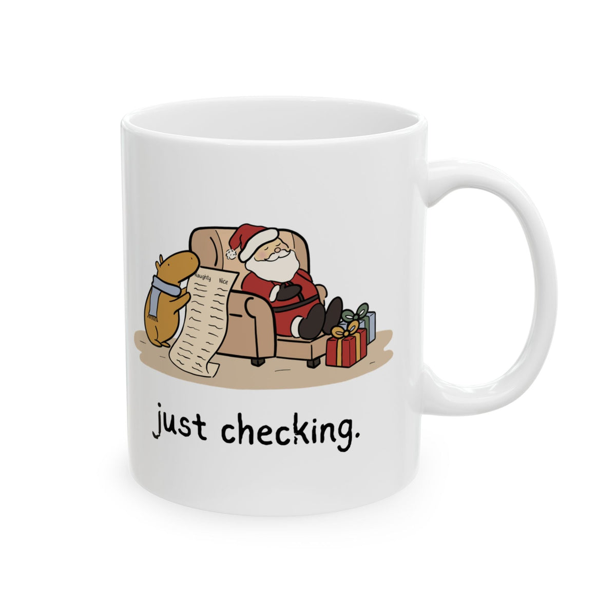 Capy Life white ceramic mug featuring a capybara in a blue scarf checking Santa's naughty or nice list.