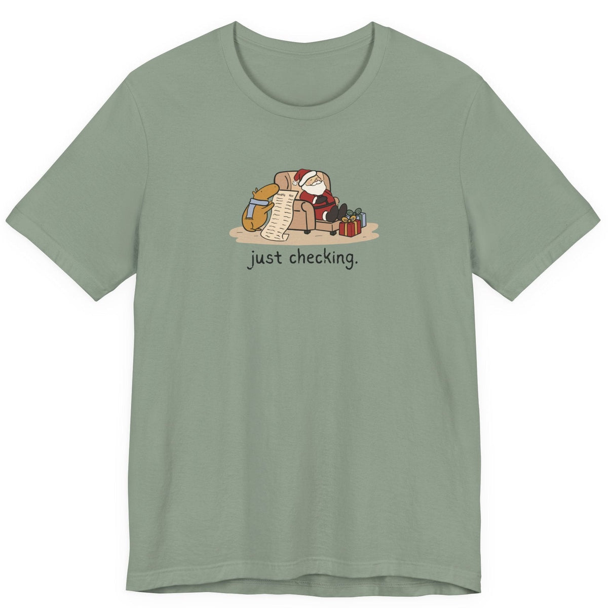 Capy Life sage green t-shirt featuring a hand-drawn capybara checking Santa's naughty or nice list while he naps.