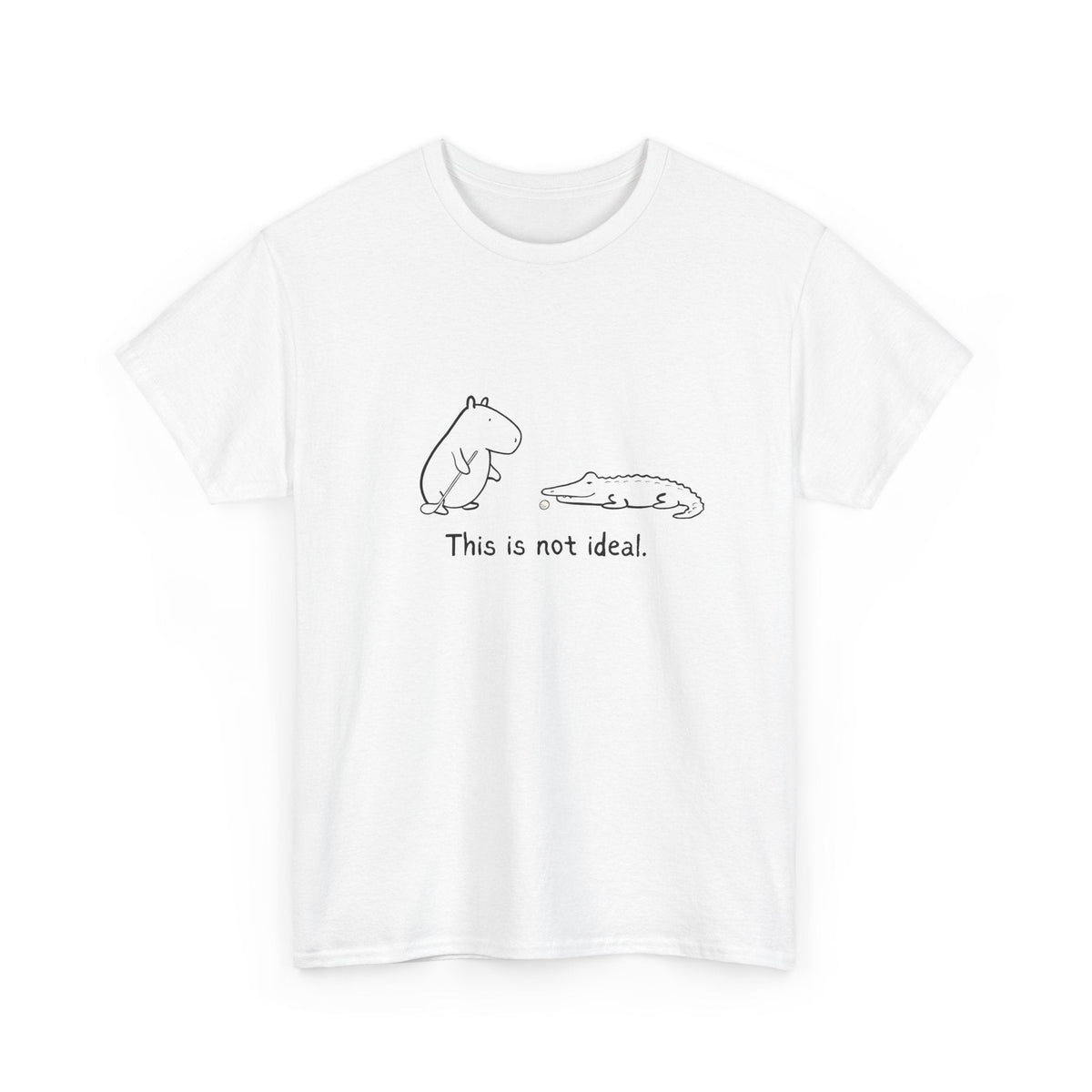 Capy Life white heavy cotton t-shirt featuring a minimalist line drawing of a capybara and alligator on a golf course.