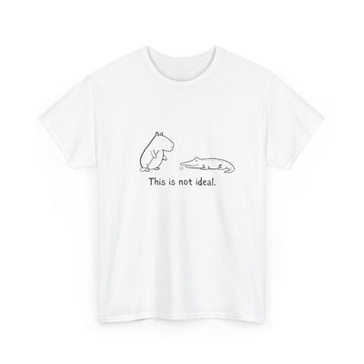 Capy Life white heavy cotton t-shirt featuring a minimalist line drawing of a capybara and alligator on a golf course.