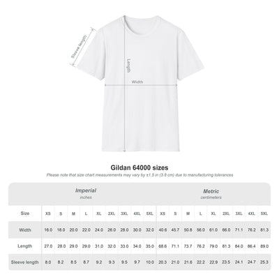 Capy Life size chart for Gildan 64000 softstyle adult t-shirt showing width, length, and sleeve measurements