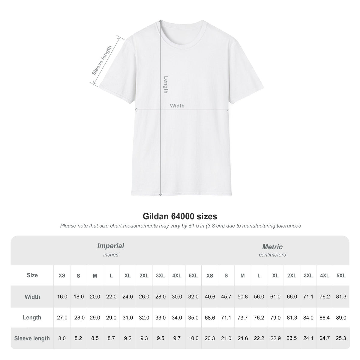 Capy Life size chart for Gildan 64000 t-shirt showing width, length, and sleeve length measurements in inches and cm.